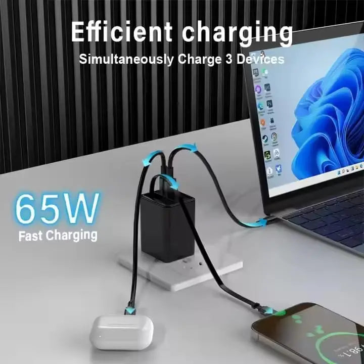 65W GaN USB-C Fast Charger with Retractable Cable - Multiport Charging Station (2 USB-C PD + 1 USB-A) Travel Adapter for Laptop, MacBook, iPhone and Galaxy