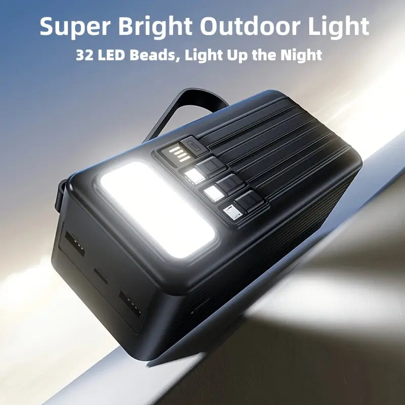 50000mAh Large Capacity Power Bank - USB-C Portable Charger with Solar Power, Flashlight and 32 LED Camping Light