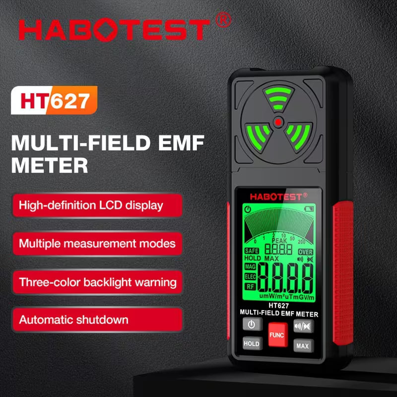HABOTEST HT627 EMF Meter – 3-in-1 Detector for EF, MF & RF Radiation, for Home & Outdoor Inspections