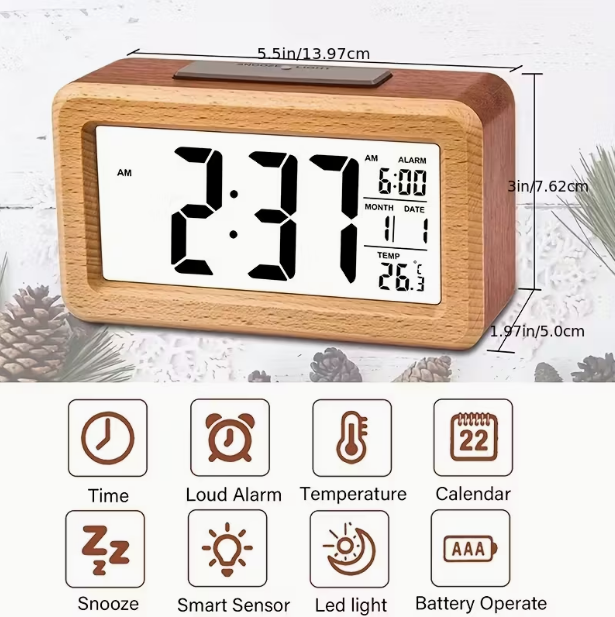 Wooden Large LED Digital Alarm Clock – Smart Sensor Night Light, Snooze, Date & Temperature Display, 12/24-Hour Switchable
