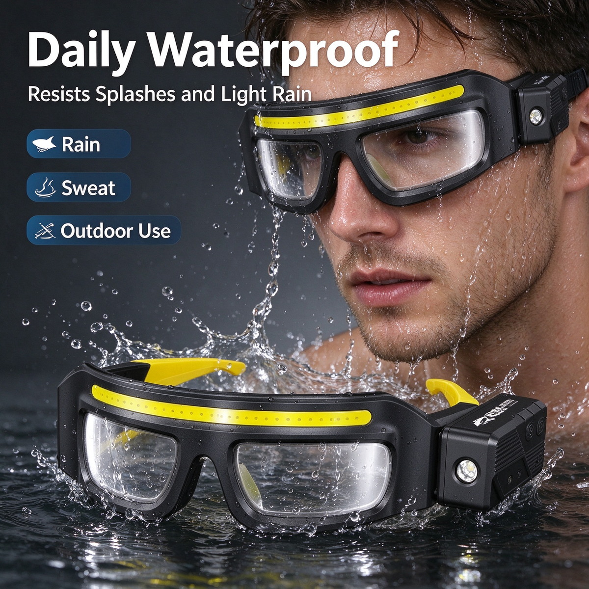 New Work Dustproof Windproof Illuminated Safety Glasses - Rechargeable Portable Outdoor Lighting Eyewear Headlamp with Spot & Flood Dual Light