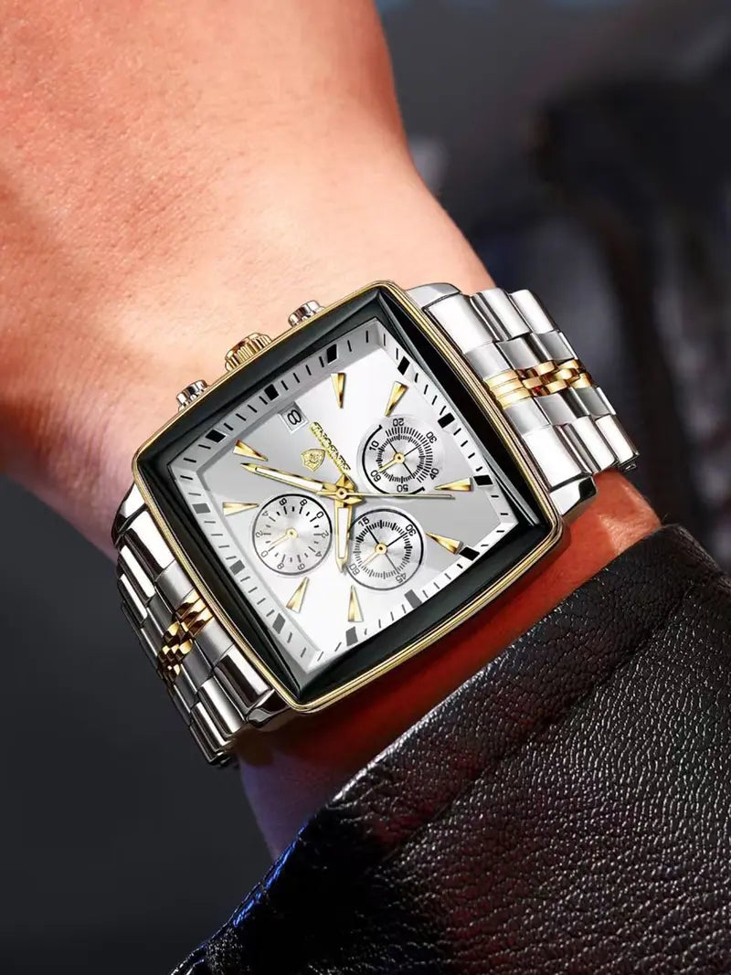 Men's Multifunctional Square Analog Quartz Watch – Stainless Steel Strap, 3-Eye 6-Hand Chronograph Dial, Business Fashion Style