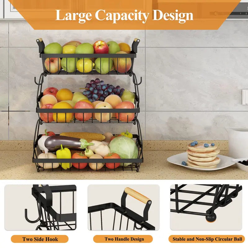 3-Tier Metal Fruit & Vegetable Storage Basket with Hooks – Space-Saving Kitchen Organizer for Countertop, Pantry & Bathroom, Heavy Duty & Rust-Proof Design