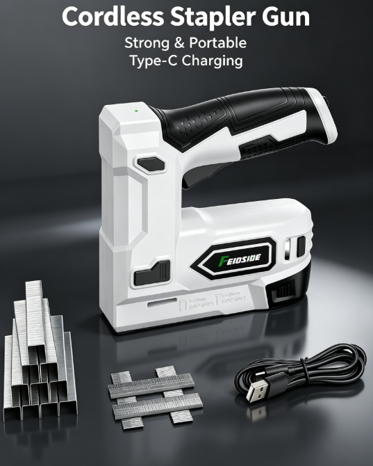 White USB-Powered Nail Gun – 2-in-1 with 2000pcs Staples & Nails for DIY & Carpentry
