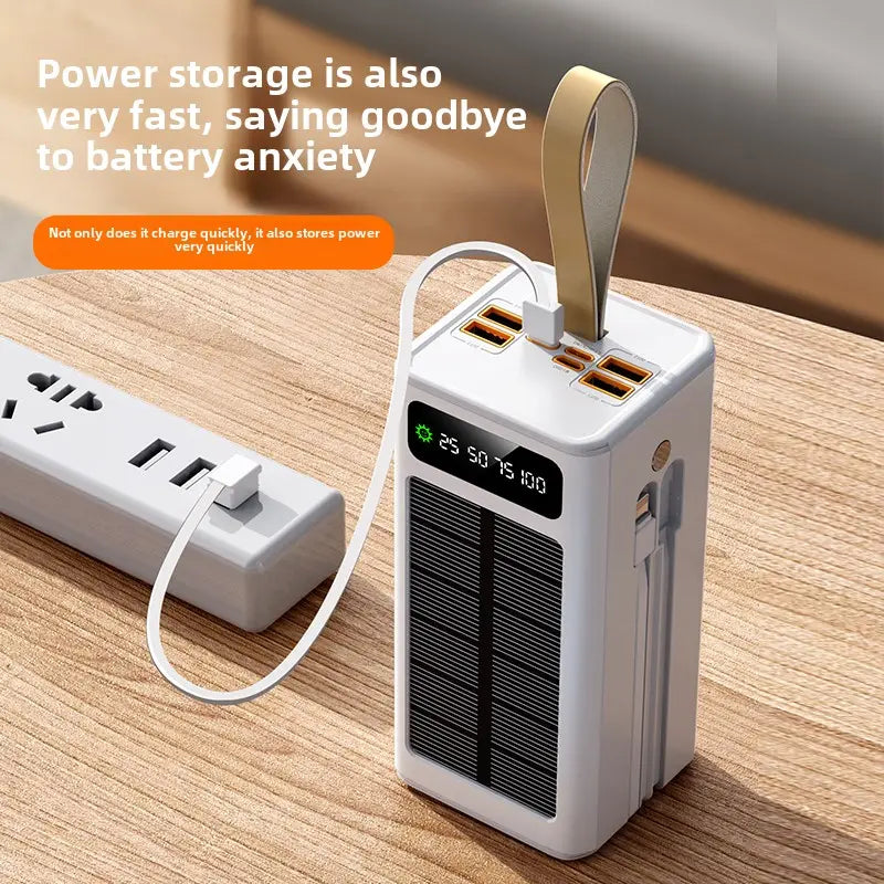 80000mAh Solar Power Bank with Flashlight – Fast Charging, USB-C, Built-in Cables, Digital Display – for iPhone, Android & Camping Gear