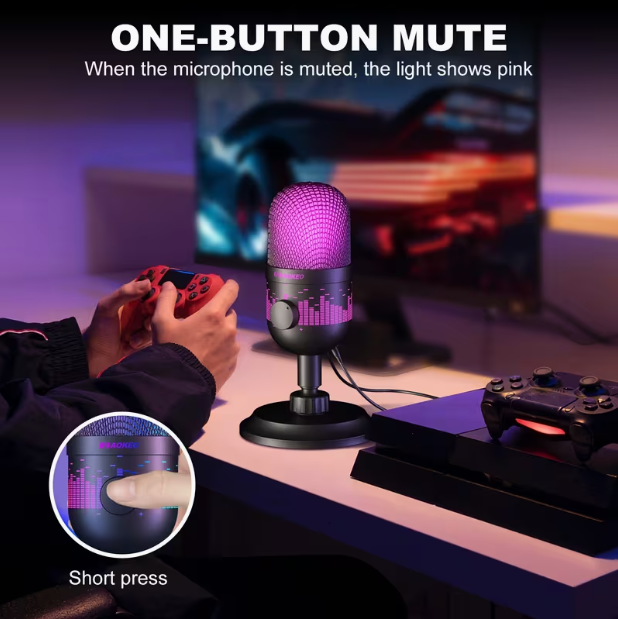 USB Gaming Microphone – Plug & Play, RGB Light, One-Click Mute, Noise Reduction, Volume Gain, Compatible with PC, Mac, PS4/PS5, Ideal for Podcast, Streaming & Recording