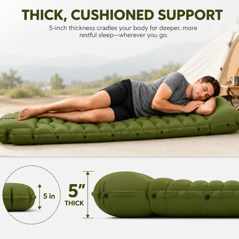 5-Inch Extra Thick Camping Sleeping Pad with Built-in Foot Pump – Pillow & Mat Included, 60-Second Inflation, 800lbs Support, Ultralight Compact for Backpacking, Hiking & Camping