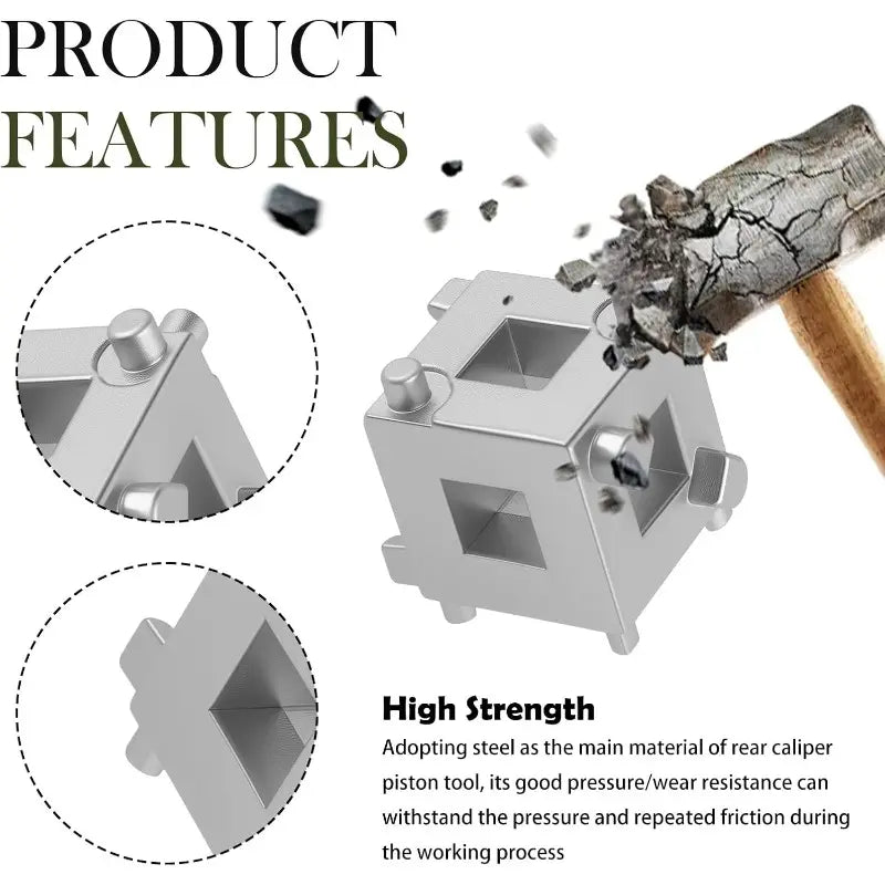 2-Piece Cube Brake Caliper Compression Tool - 3/8" Square Drive, 5-Side Disc Brake Piston Adjuster for Rear Brakes