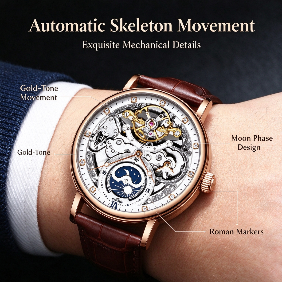 KINYUED Fully Automatic Mechanical Watch - Business Men's Tourbillon Mechanical Watch, Minimalist Luminous Business Wristwatch