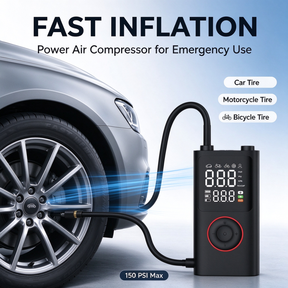 Portable Car Air Pump - Lithium Battery Model for Car, Bicycle & Electric Tires, Handheld Cordless Air Pump with Fast Inflation