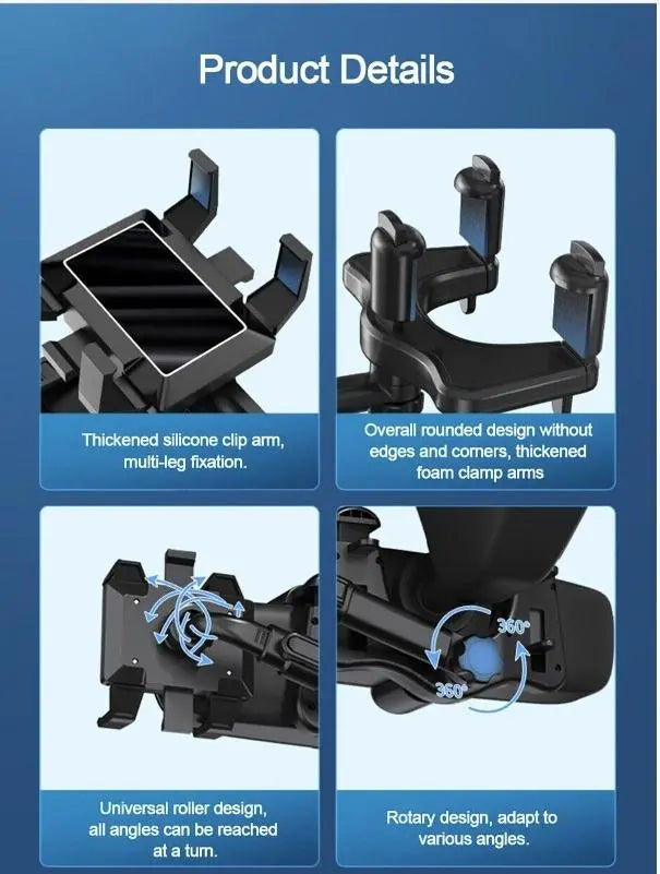 Car Phone Holder for Rearview Mirrors - 360° Rotatable and Retractable, Multifunctional Mobile Phone Mount for Any Vehicle