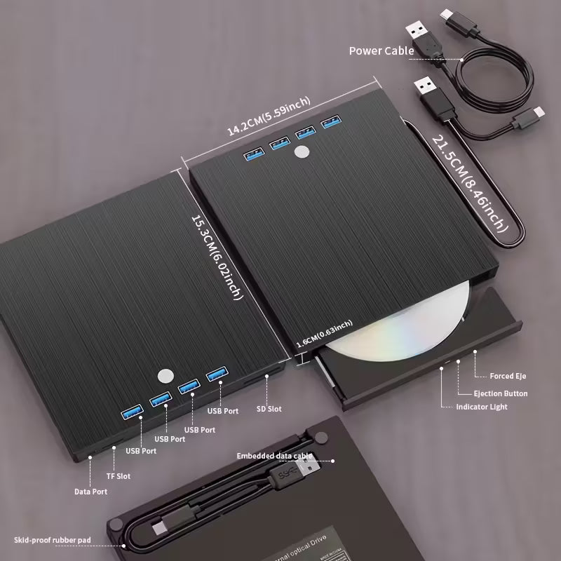 8-in-1 External Optical Drive – USB 3.0 + Type-C, Ultra-Slim DVD Burner & Player for Laptop & PC