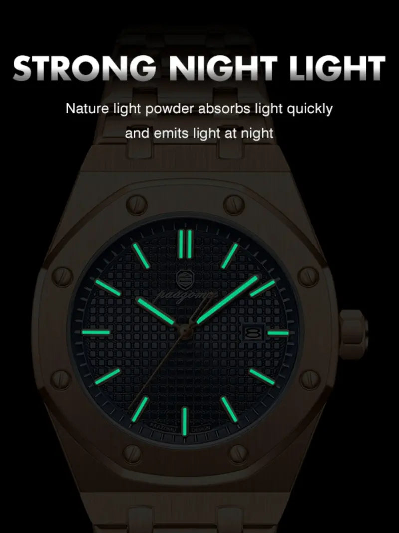 Men's Stainless Steel Quartz Watch – Waterproof, Luminous Dial with Date Display, Analog Design, Durable for Daily Wear