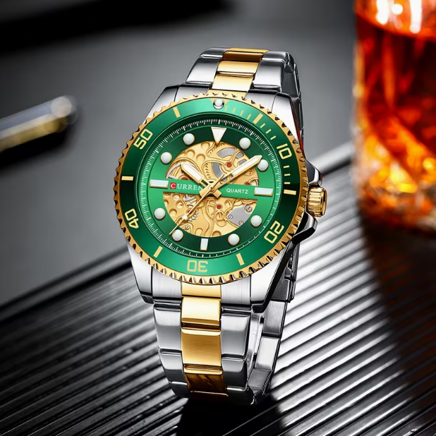 Men's Green Stainless Steel Quartz Watch – Unique Design, Fashion Trend, Versatile Daily Wear