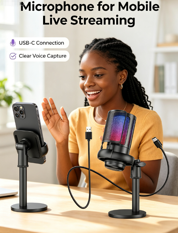 USB Condenser Microphone – RGB Lights, Plug & Play for Gaming, Streaming, Podcasting & Karaoke