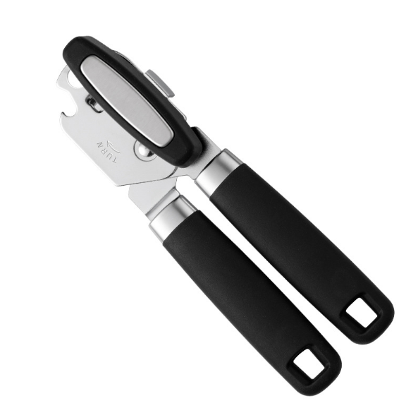 Black Stainless Steel Can Opener, Smooth Edge Manual Can & Bottle Opener with Soft Non-Slip Handle, Rust Proof Oversized Turn Knob, Multifunctional Kitchen Tool