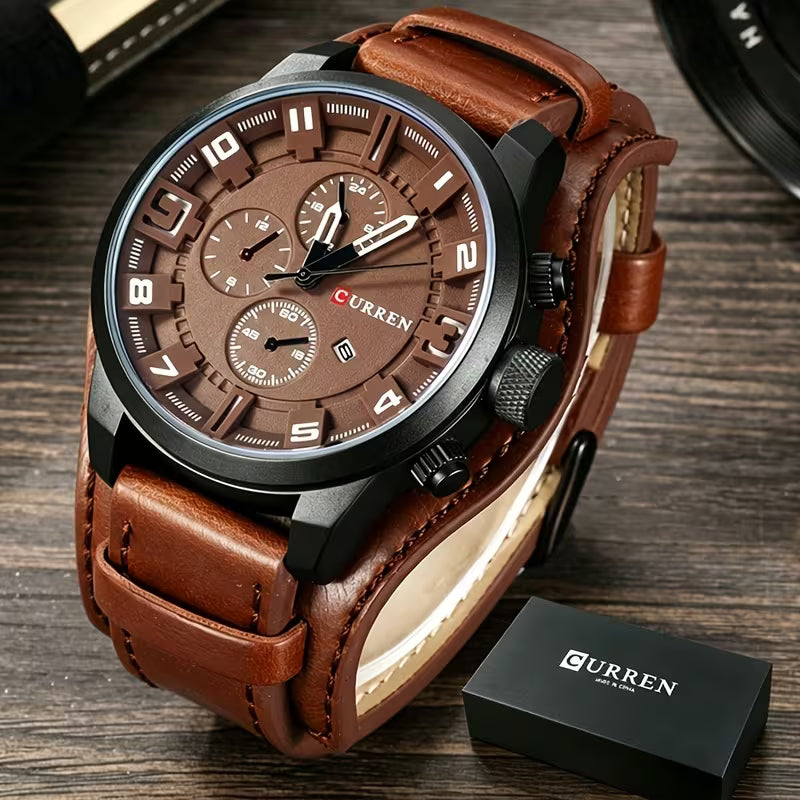 CURREN Men's Leather Strap Sports Watch - Date Display, Large Dial, Outdoor Casual Wristwatch