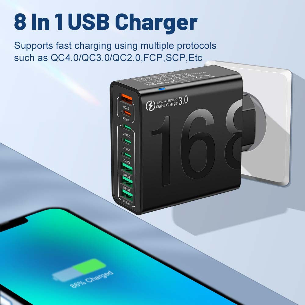 8-Port Fast Charging USB Hub 4 USB-C & 4 USB-A Portable Smart Charger for Multiple Devices, for Phones Tablets & More