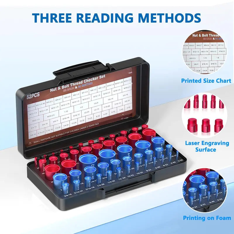 52-Piece Nut and Bolt Thread Checker Kit - 28 SAE and 24 Metric Sizes, Thread Gauge for Quick Identification