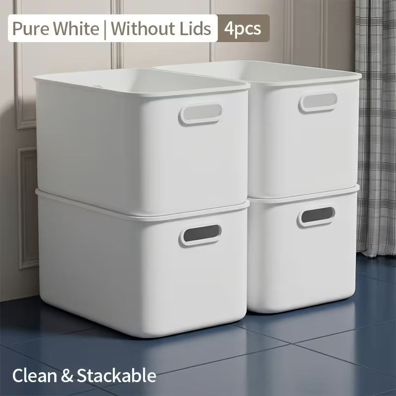 4pcs Large Storage Bins – White Square Boxes with Handles, Lid Included, for Clothes & Tools, Free Shipping, Father's Day Gift!