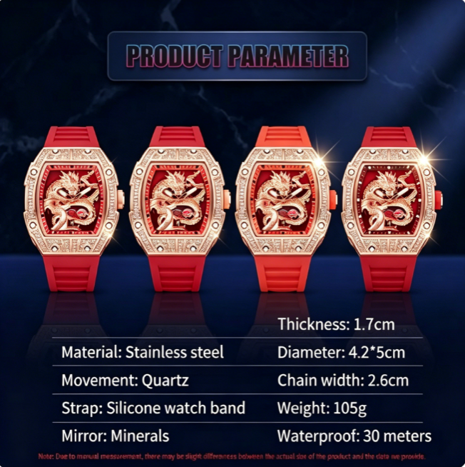 Men’s Gold Dragon Watch Series – Barrel-Shaped Luxury Embossed Design, Adorned with Rhinestones, 3D Gold Relief Patterns, Water-Resistant for Any Occasion