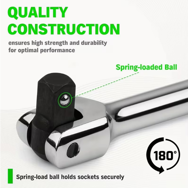 6-Piece Heavy Duty Breaker Bar Set – 1/4", 3/8" & 1/2" Drive, 6", 10" & 15" Lengths, 180° Rotatable Head