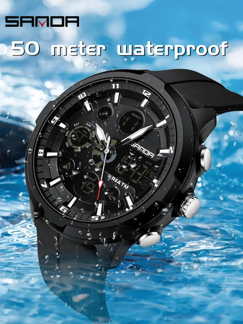 Men's Fashion Quartz Analog Digital Watch - Casual Round Dial with Luminous Alarm, Water Resistant Multifunctional Wristwatch with Box
