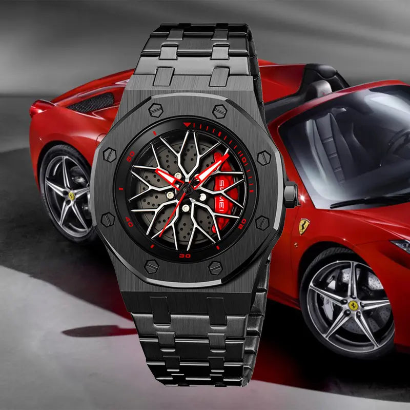 Men's Car Wheel Watch – Stainless Steel, Spinning Rim Hub Design, Japanese Quartz Movement, Water & Scratch Resistant, Carbon Fiber Racing Dial – Great Gift for Car Enthusiasts