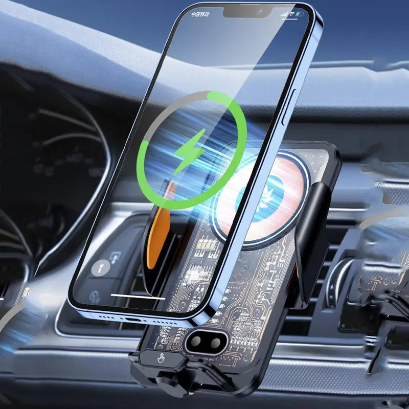 Car Phone Holder with 15W Wireless Charger – 360° Rotation, Multi-Angle Adjustment, Magnetic Mount for Smartphones
