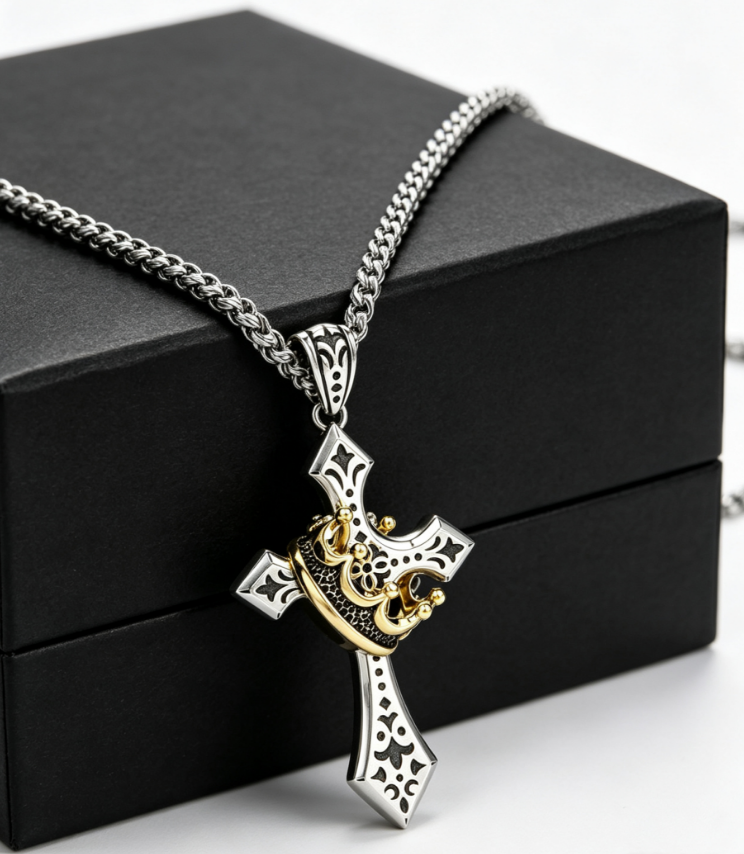 Cash on Delivery – 2 Pack Stainless Steel Crown Cross Necklace for Men and Women – Faith Prayer Accessories, Christian Religious Gift, Durable Daily Wear