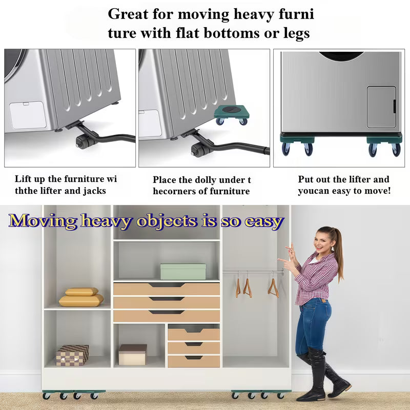 Furniture Dolly with 4 Wheels & Lifting Kit – 360° Rotation, 800lbs Capacity with Pry Bar & Jack