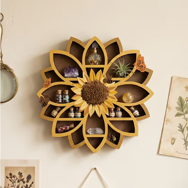 Wooden Sunflower Floating Shelves – Wall-Mounted Organizer with UV-Printed Spiritual Decor, Gemstones, Essential Oils & Meditation Art, Multi-Functional Storage for Living Room & Meditation Space