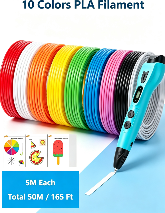 3DLNK 3D Printing Pen – No-Clog Nozzle, 10 Colors PLA Filament (50M), Storage Bag & Gift Box