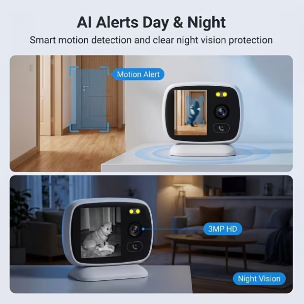 2-Way Audio/Video Security Camera with 2.8" Display & PTZ – AI Motion Detection, Indoor WiFi Cam with Speaker, Phone App Control, Color Display, for Puppy/Cat/Dog Monitoring & Home Surveillance