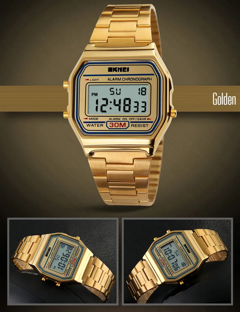 Men's Digital Outdoor Sport Watch – Gold Stainless Steel, Backlit Display, Multifunction, Stopwatch, Waterproof