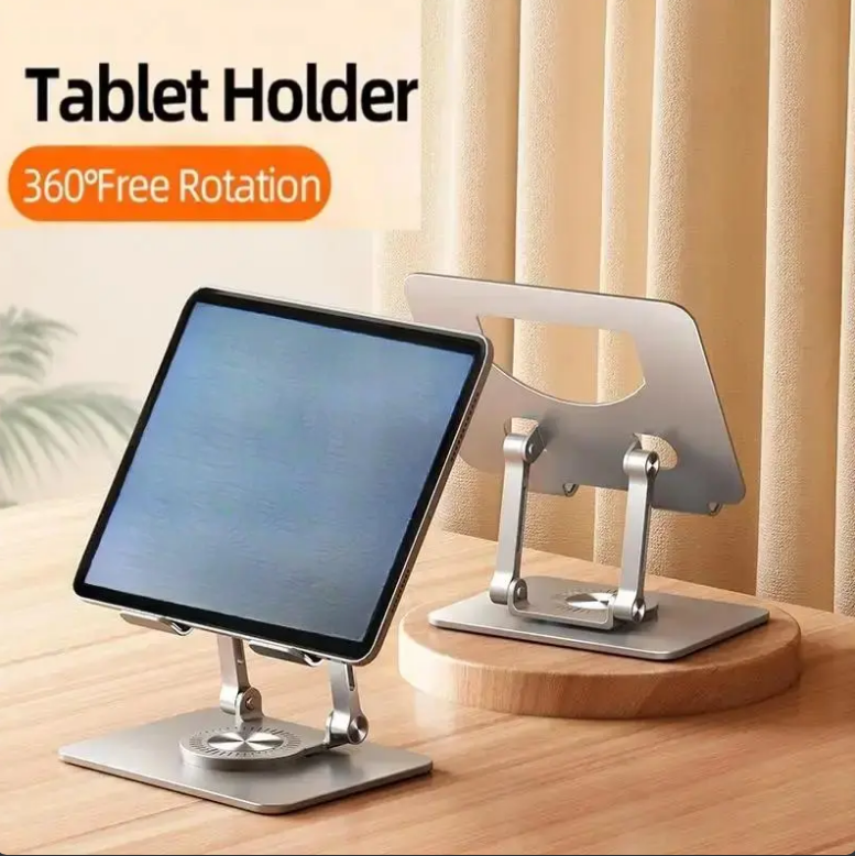 Silver 360° Rotatable Tablet Stand Holder, Adjustable Foldable Desktop Phone Stand, Compatible with 4.7-12 Inch Devices