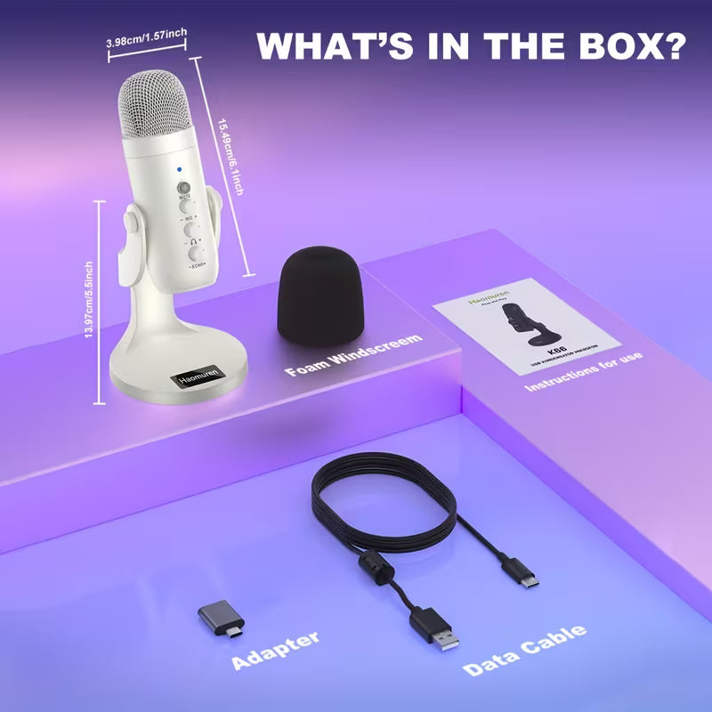 USB Condenser Microphone – Plug & Play with Type-C, Headphone Out, Gain & Mute Control for Streaming