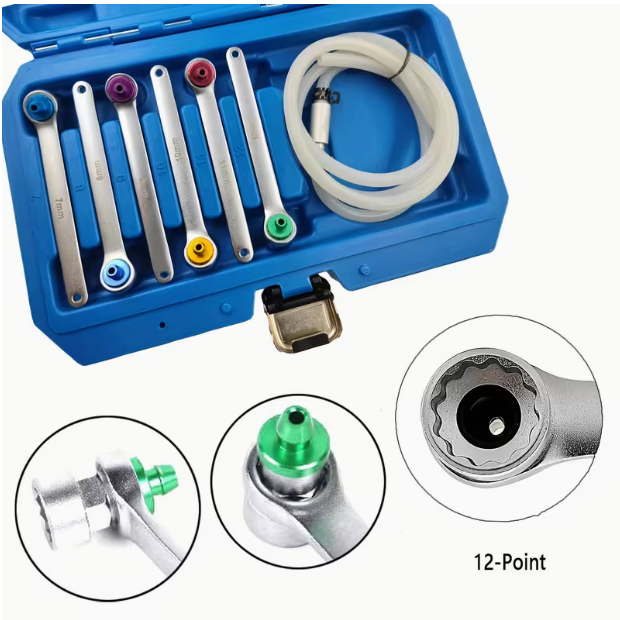 Brake Bleeder Wrench Set – 7-12mm (7/8/9/10/11/12) 12-Point Wrenches, Adapter Sockets & Drain Hose with Check Valve, for Brake & Clutch Fluid Bleeding