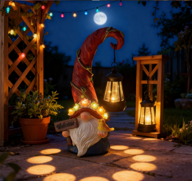 Indoor/Outdoor Solar-Powered LED Gnome Statue with Lantern – Resin Figurine, IP44, for Patio, Porch & Garden Decoration