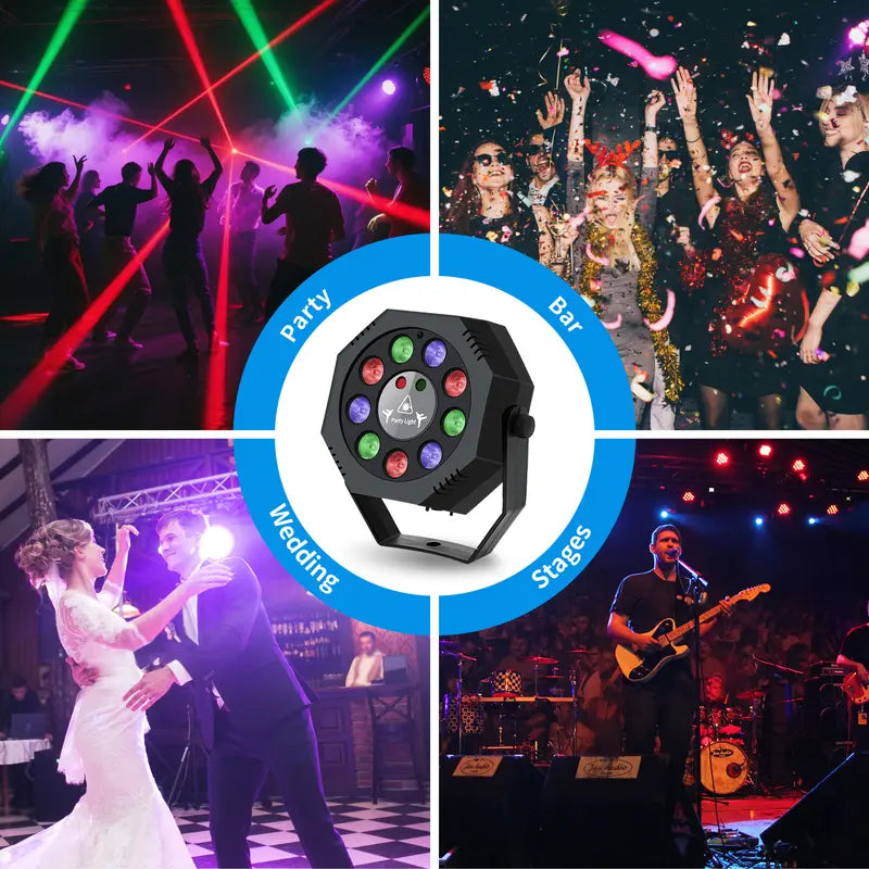 DJ Laser Party Projector - Adjustable RGB Lighting, 9 LED Strobes, Sound Sync and Remote Control for Bar, Stage and Dance Events