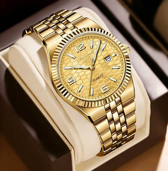 Men's Diamond-Accent Quartz Watch – Luminous Date Display, 3D Grid Dial, Waterproof, Gift Box – Business Casual Style