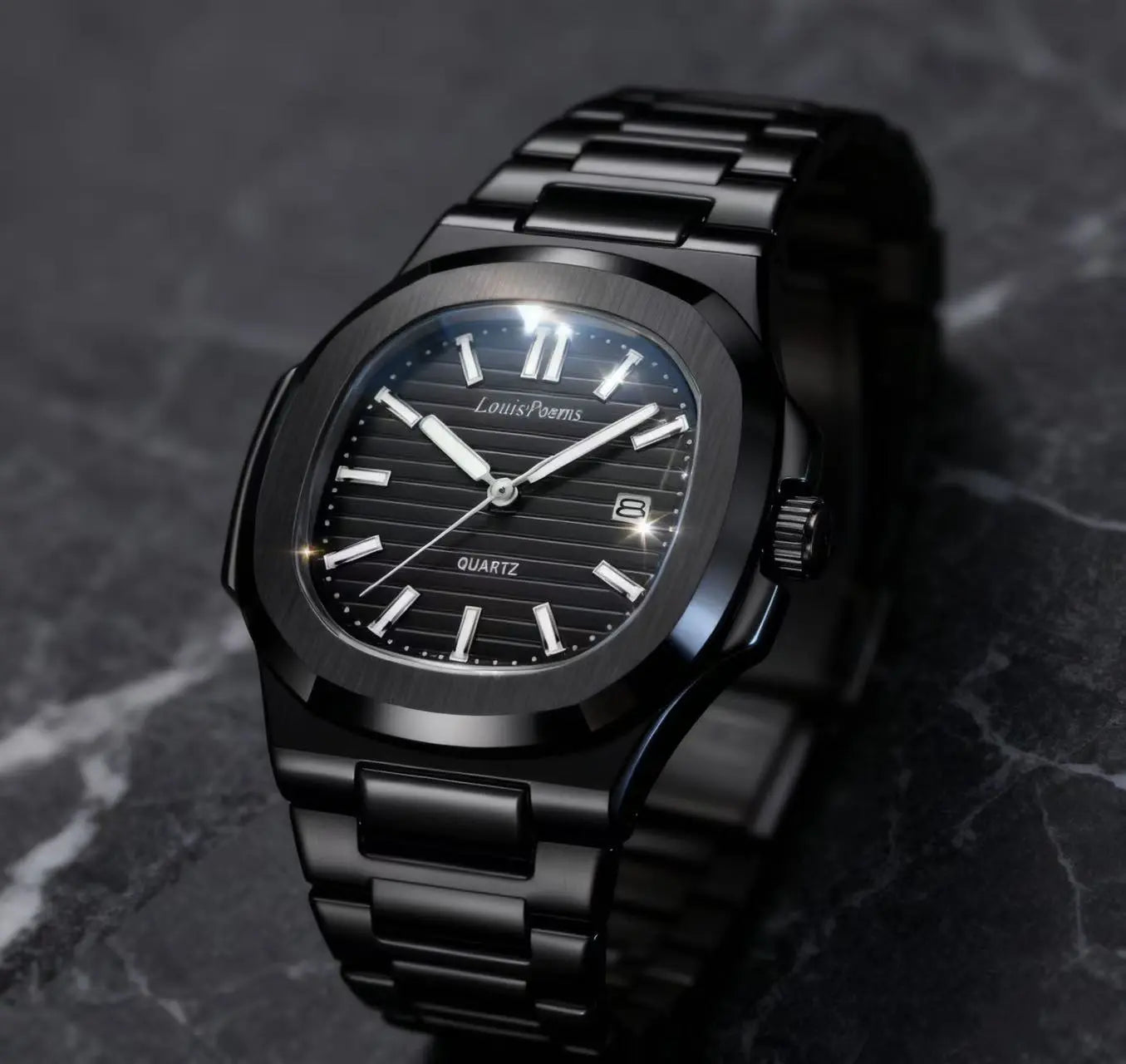 Louis Poems Nautilus Men's Business Fashion Watch - Pure Black Analog Quartz, Water Resistant, Elegant Wristwatch