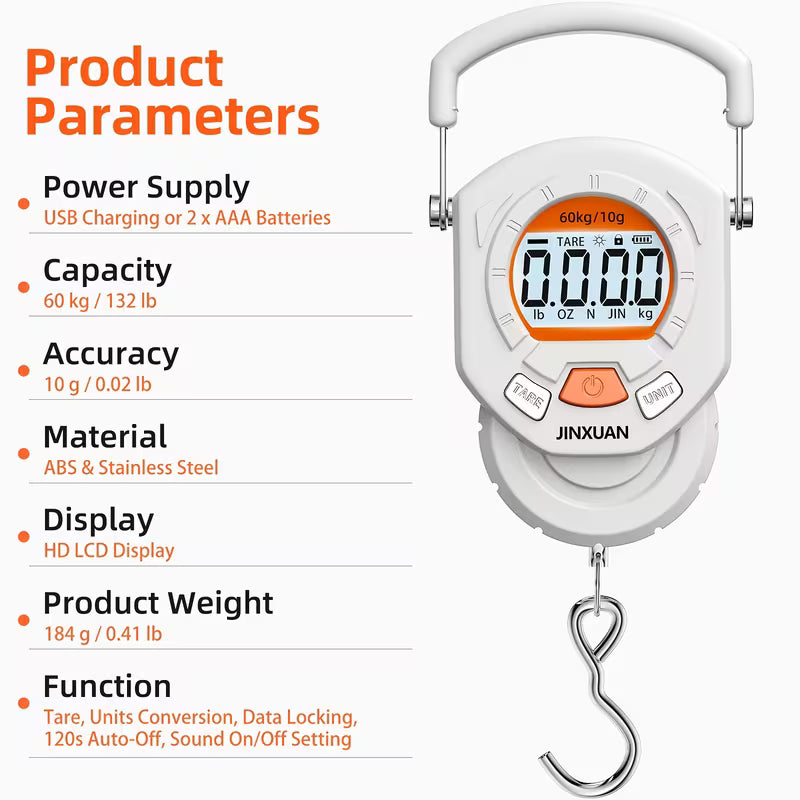 60Kg Digital Hanging Scale – Type-C Rechargeable, Foldable Steel Hook, Backlit LCD for Luggage & Fishing