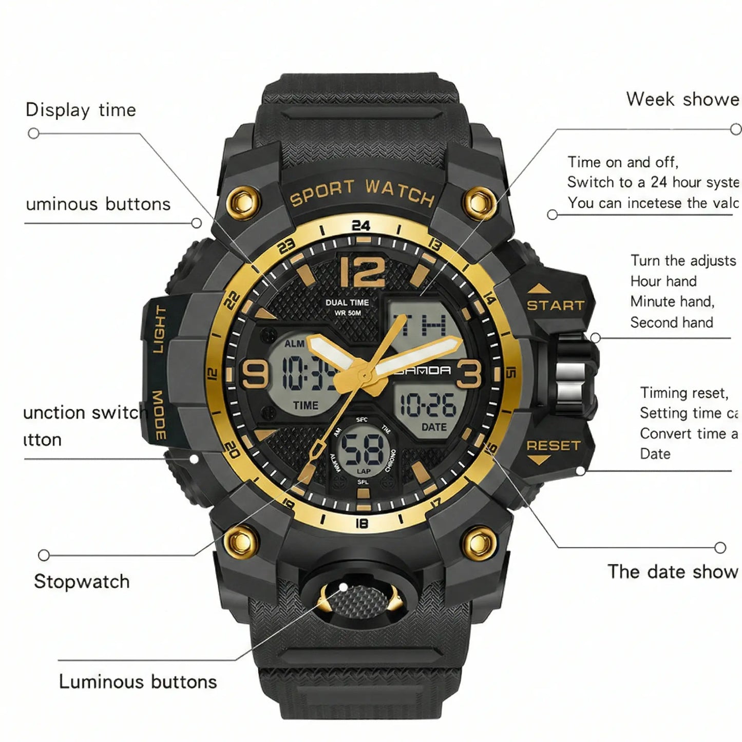 Men's Tactical Sport Watch - Large Dual Display, 50M Water Resistant, Luminous Alarm, Adjustable Rubber Strap for Outdoor Fitness