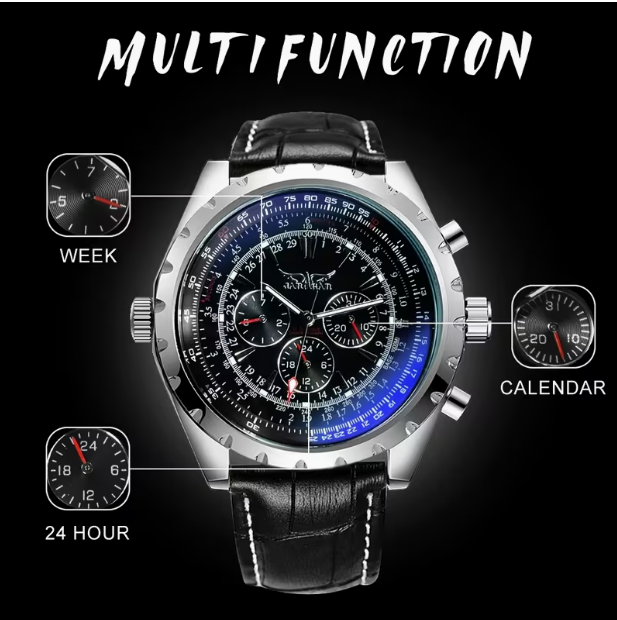 Pilot Sports Automatic Mechanical Watch for Men – Multifunctional Small Dials, Week & 24-Hour Display, Calendar, Business Casual Style