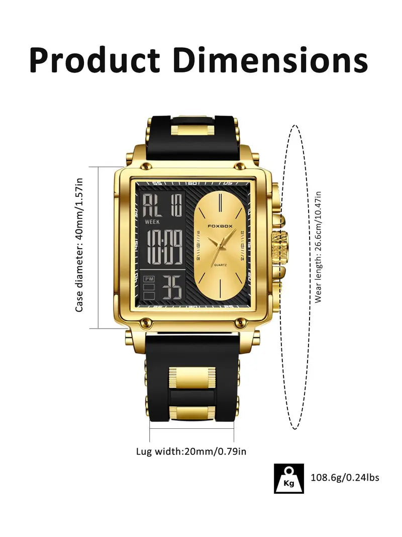Men's Square Quartz Watch – Digital-Analog, Waterproof, Trendy All-Match Design, Perfect for Parties & Daily Wear