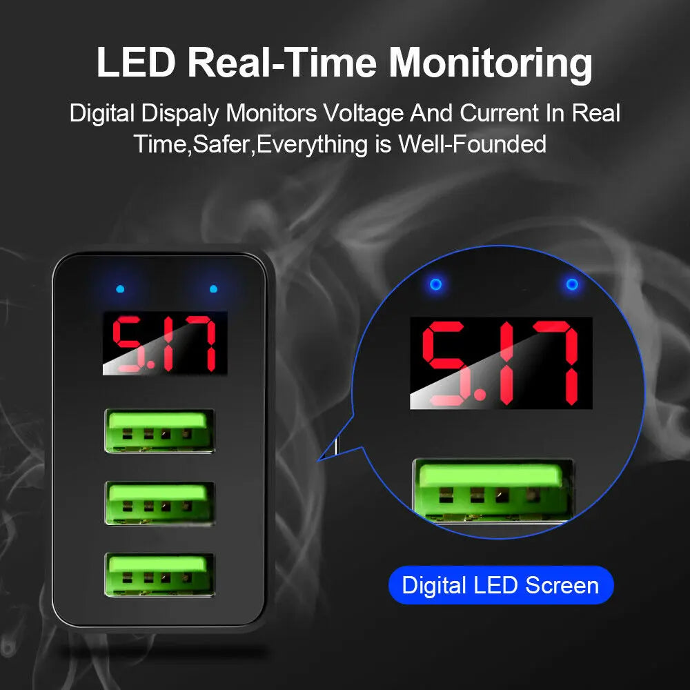 2-Pack 3-Port USB Wall Fast Charger QC 3.0 - LED Display Quick Charge for iPhone, Samsung, LG and Android
