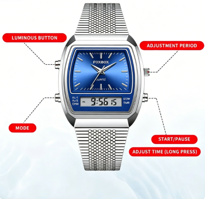 Modern Casual Digital Analog Watch with Stainless Steel Band, Unisex Quartz Timepiece, Luminous Dial, Waterproof – Great Father's Day Gift