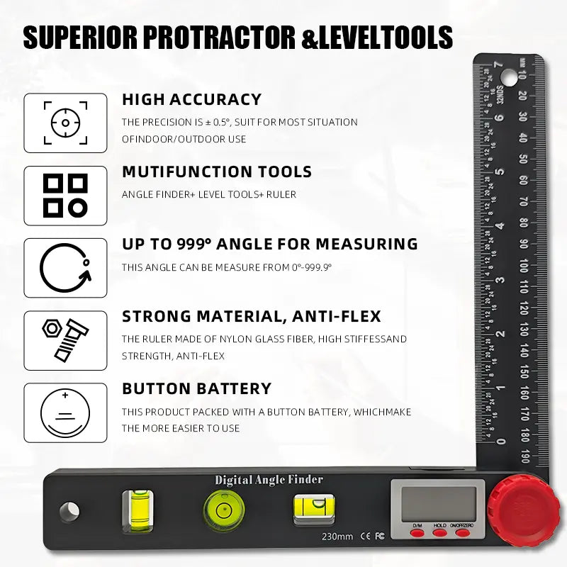 2-in-1 Angle Finder Ruler - 7 Inch/200mm Angle Measuring Tool for Woodworking, Carpentry, Construction and DIY