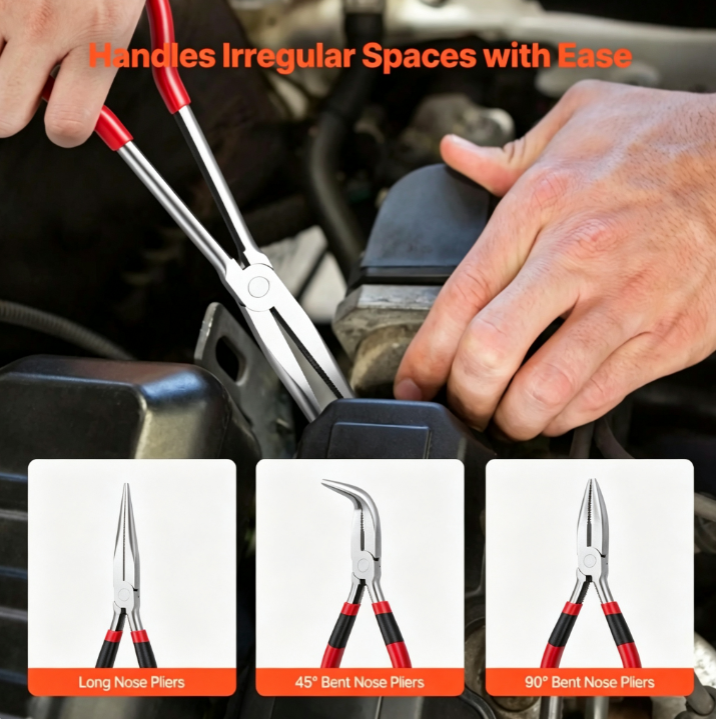 5-Piece 11-Inch Needle Nose Pliers Set - Diagonal Cutting, 45°/90° Bent Nose, Round Nose, Long Nose with Storage Bag